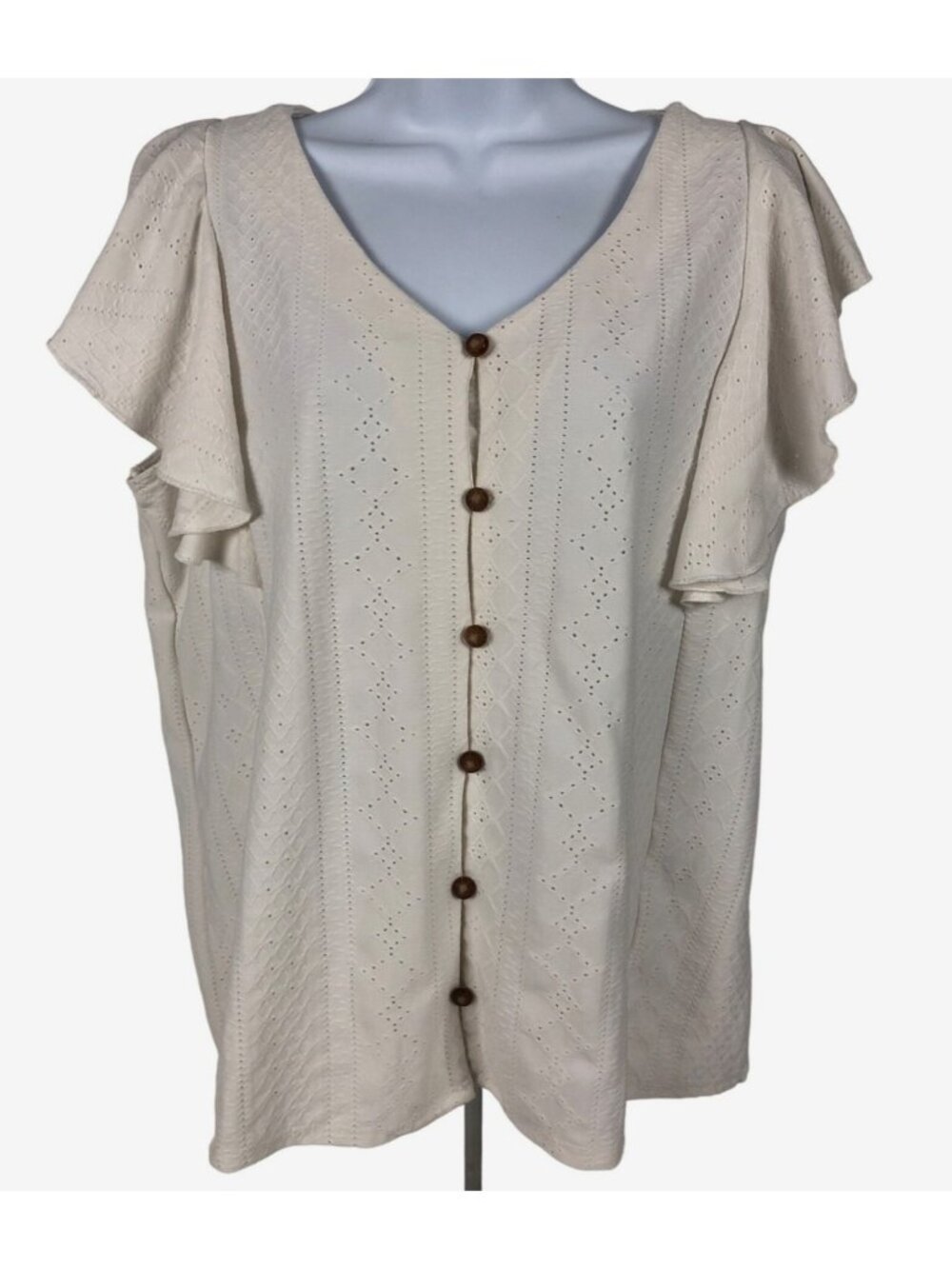 Belle by Belldini Top Size XL White Eyelet Button Down V Neck Short Sleeves